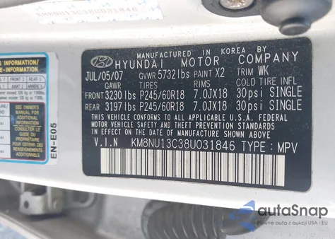 2008 Hyundai Veracruz Gls/Limited/Se from USA, damaged, VIN KM8NU13C38U031846